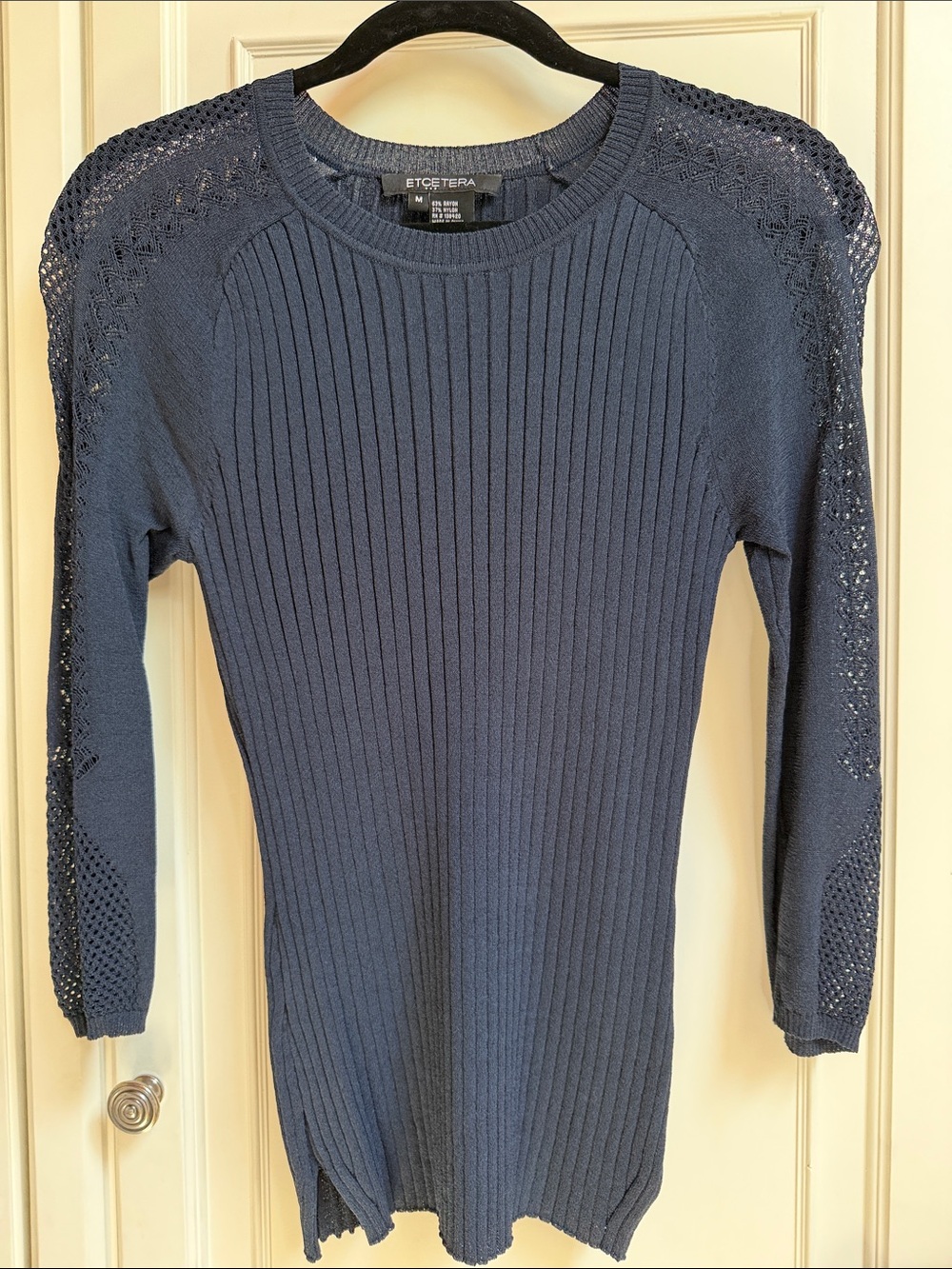 NWOT ETCETERA NYC Navy Ribbed Scoop-Neck Sweater with Openwork Sleeves